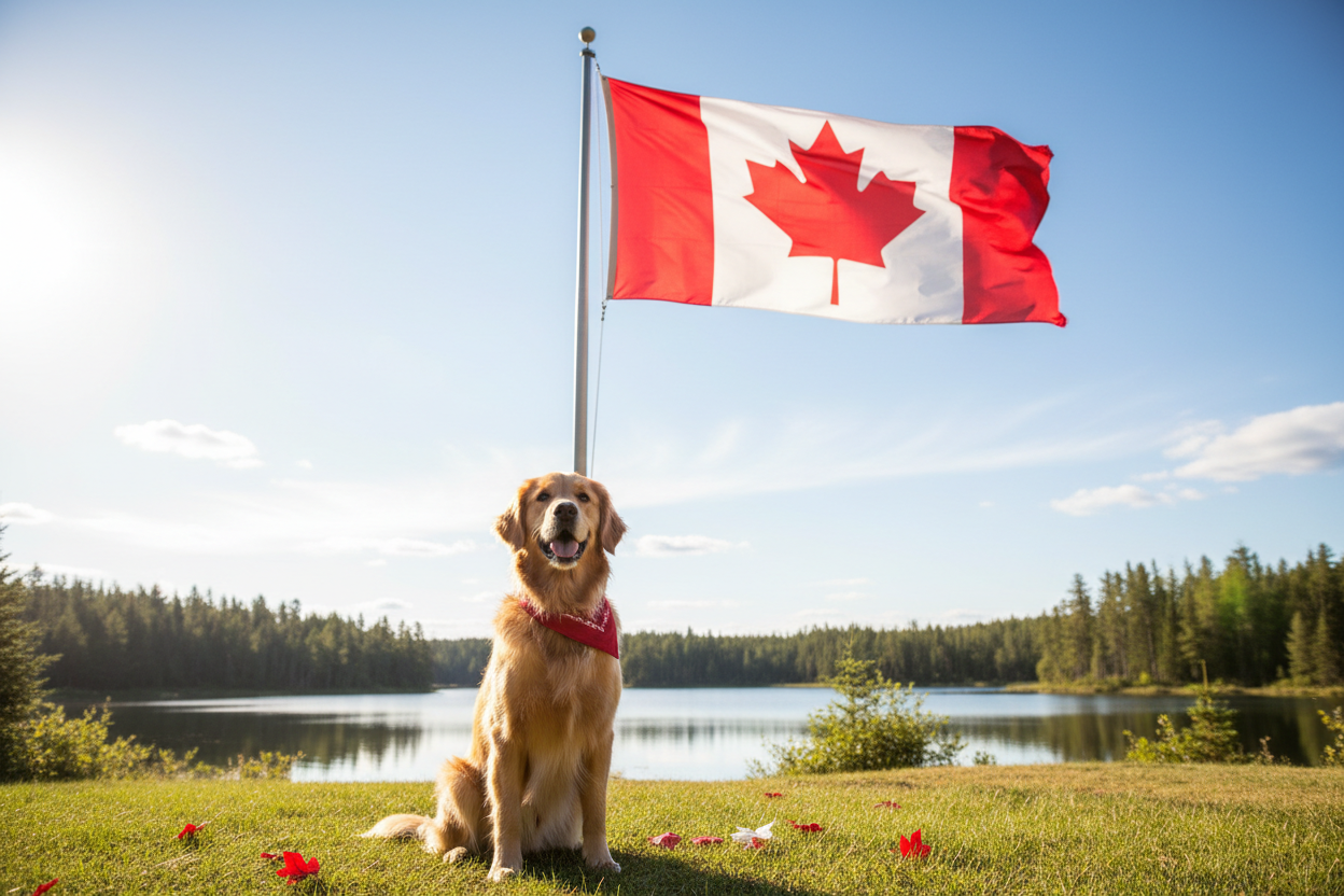 Happy dog with a Canadian flag — best Canadian-made dog food delivered same-day in Regina, SK by QuickPaws