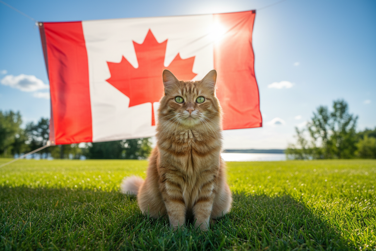 Cute cat sitting in front of a Canadian flag — best Canadian-made cat food delivered same-day in Regina, SK by QuickPaws