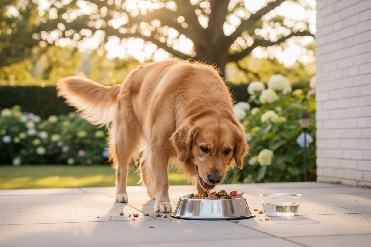 Energetic dog eating from a bowl — best grain-free dog food delivered same-day in Regina, SK by QuickPaws