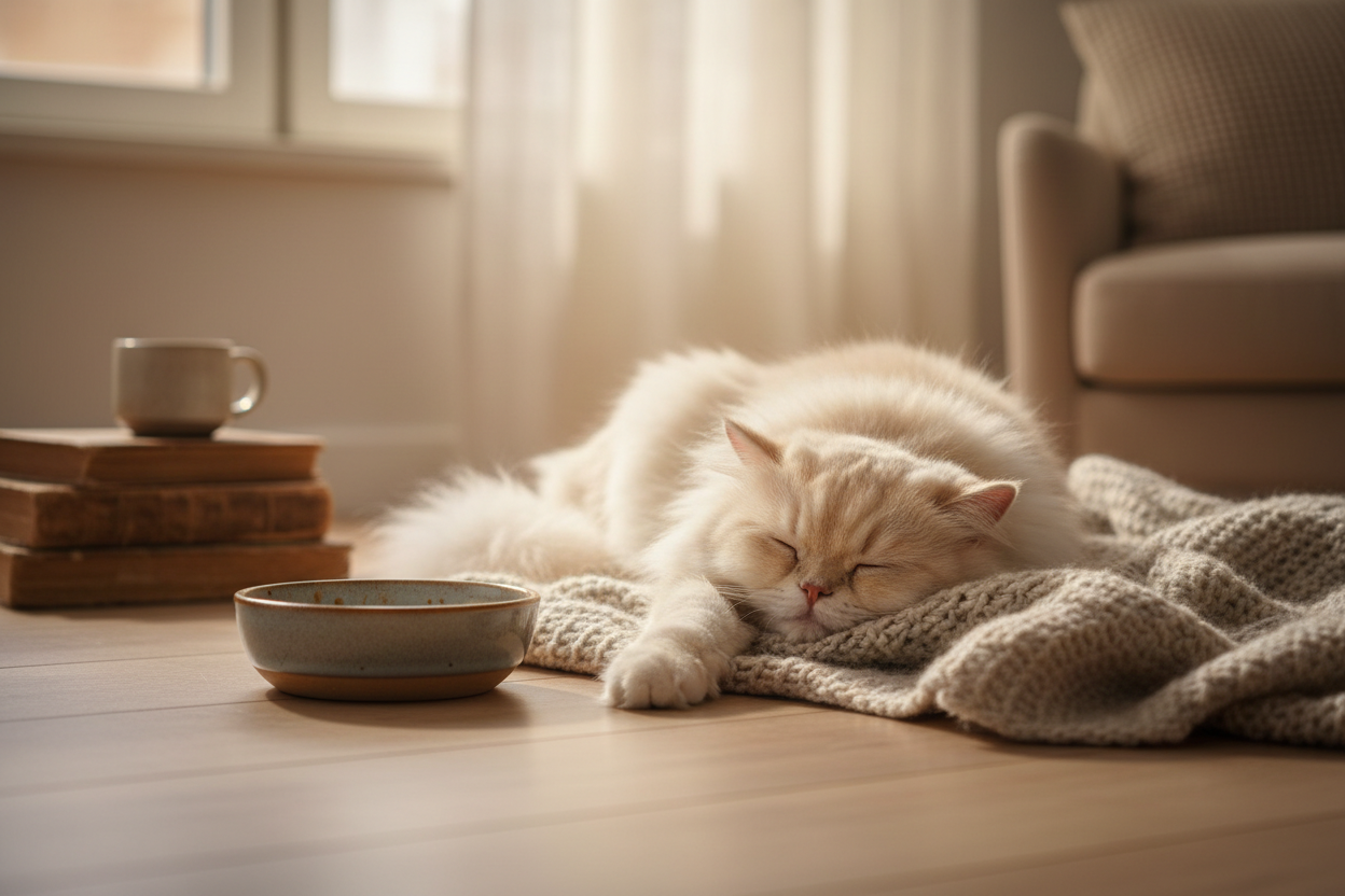 Gentle cat resting next to an empty food bowl — cat food for sensitive stomachs delivered same-day in Regina, SK by QuickPaws