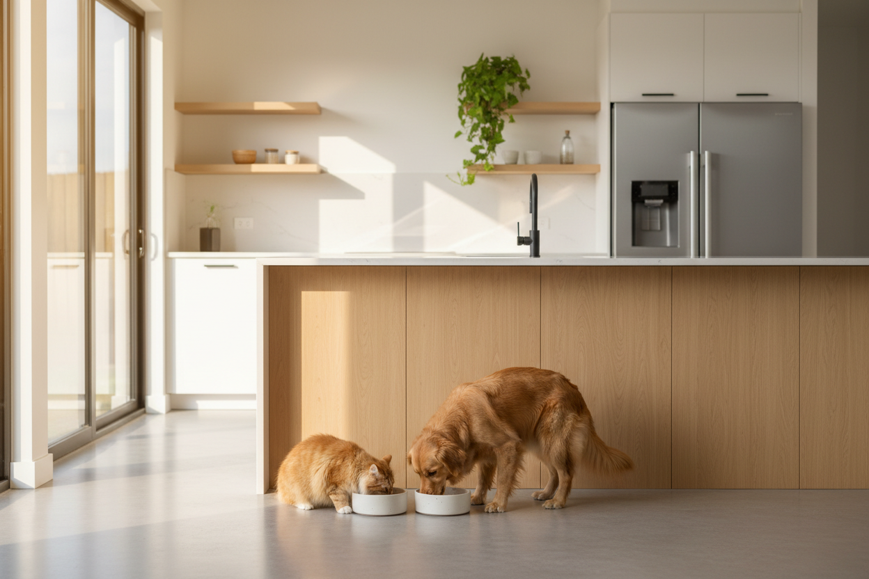 Dog and cat eating from their bowls side by side — tips for switching pet food safely from QuickPaws Regina