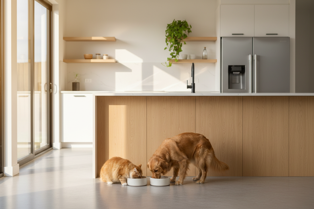 Dog and cat eating from their bowls side by side — tips for switching pet food safely from QuickPaws Regina