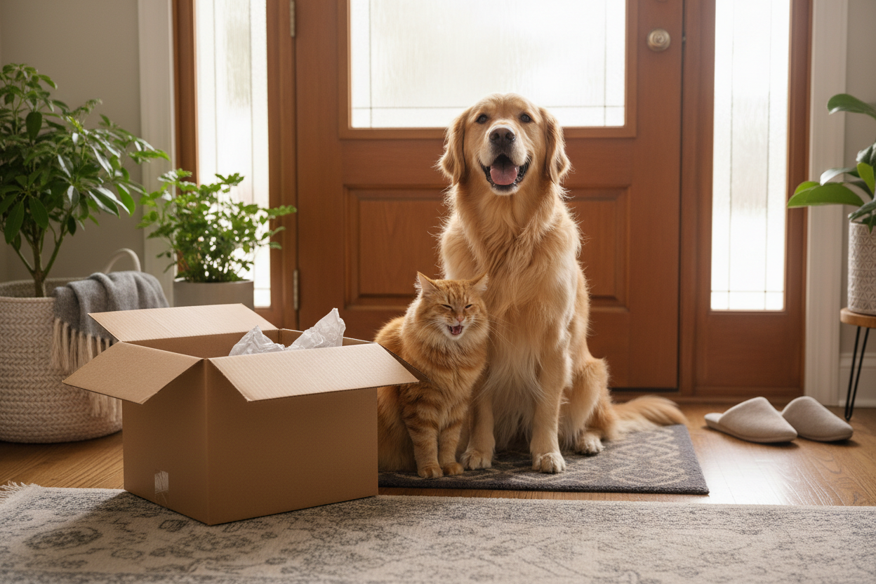 Happy dog and cat sitting together next to a delivery box at the front door — Regina's top pet food brands delivered same-day by QuickPaws