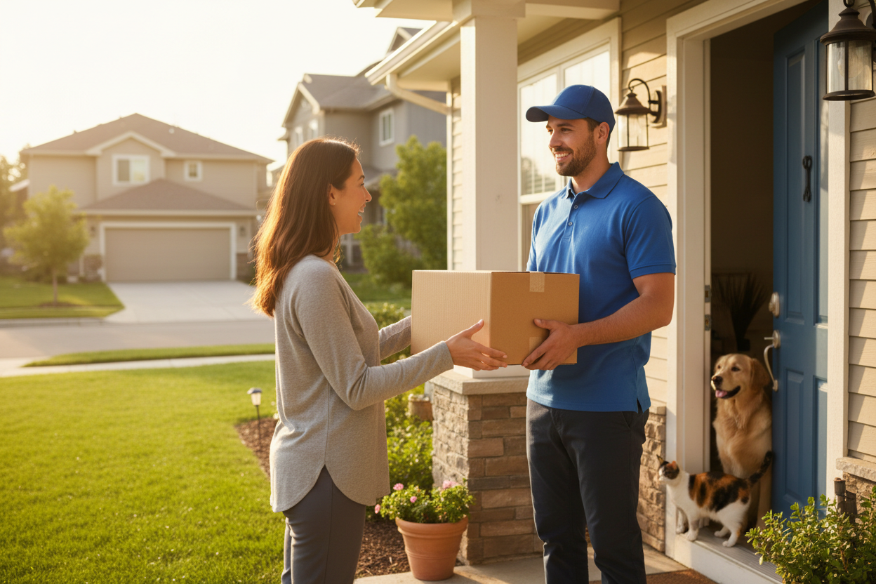 Delivery person handing a pet food box to a happy pet owner at their front door — QuickPaws same-day pet food delivery in Regina, SK