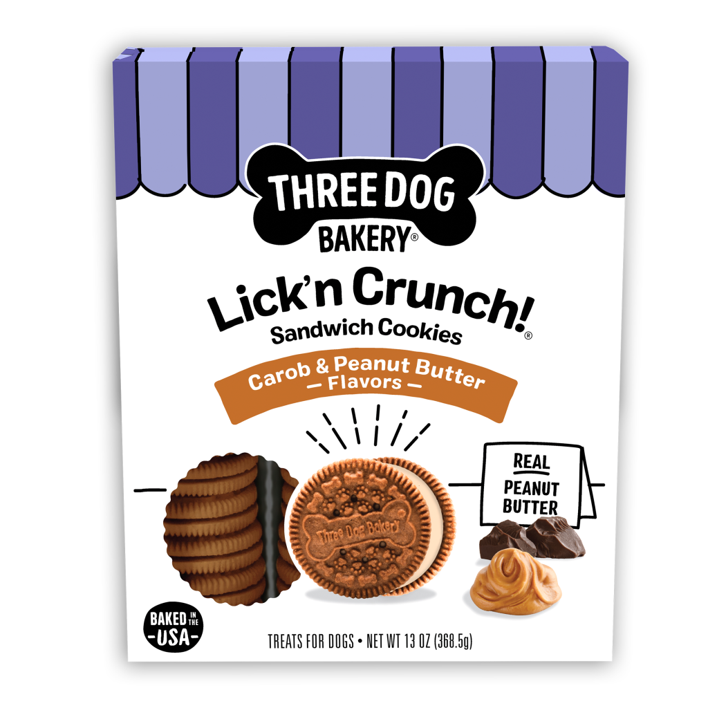 Three Dog Bakery Lick'n Crunch Carob & Peanut Butter Dog Cookies | Oven-Baked Sandwich Cookies | 13oz