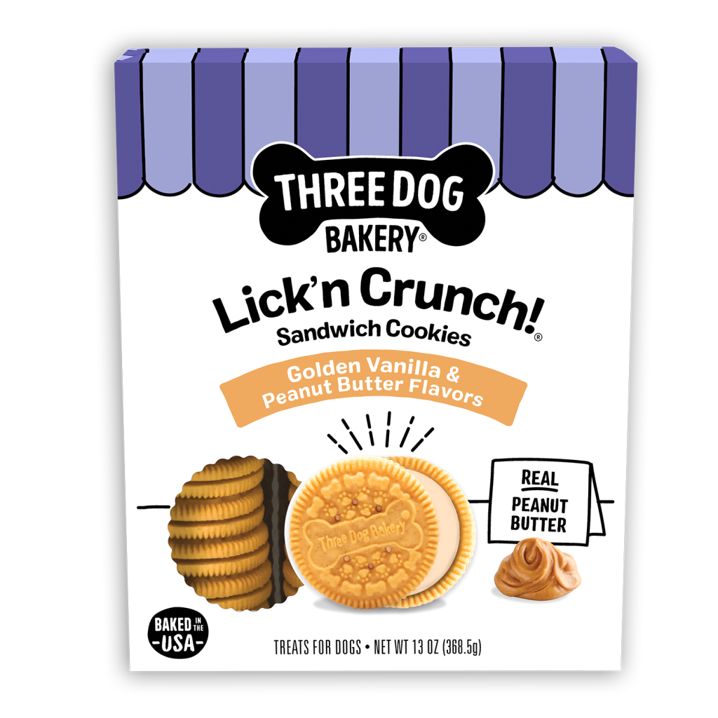 Three Dog Bakery Lick'n Crunch Vanilla Dog Cookies | Oven-Baked Sandwich Cookies | 13oz