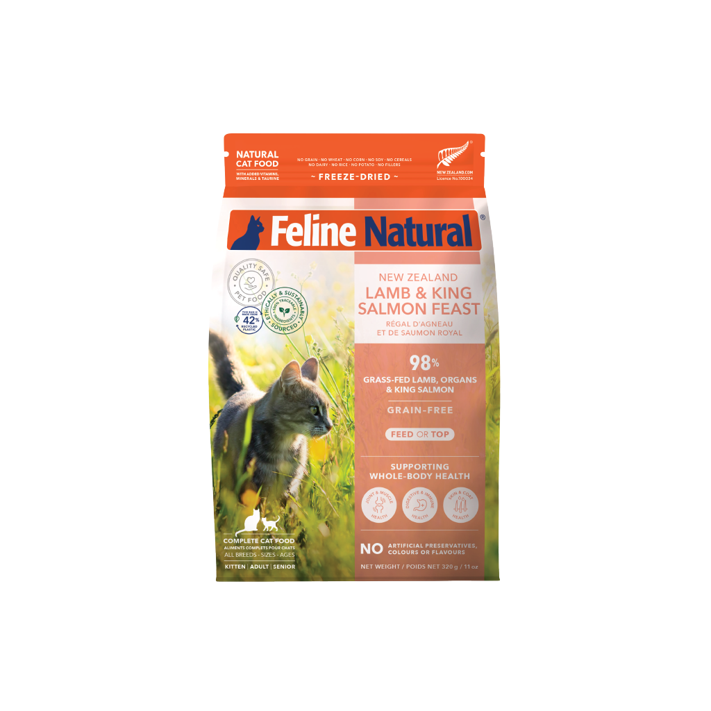 Feline Natural Lamb & King Salmon Feast Freeze-Dried Cat Food | Grass-Fed NZ, Omega-3, 11oz