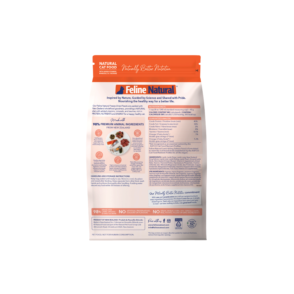 Feline Natural Lamb & King Salmon Feast Freeze-Dried Cat Food | Grass-Fed NZ, Omega-3, 11oz