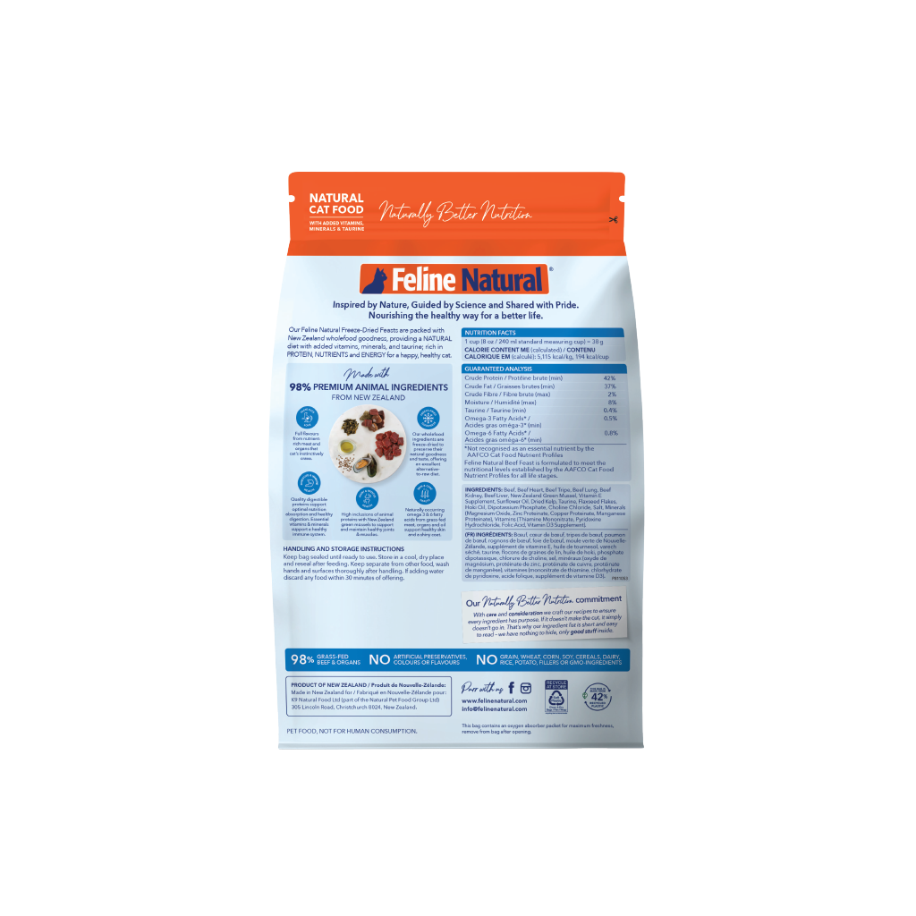 Feline Natural Beef Feast Freeze-Dried Cat Food | 98% Grass-Fed NZ Beef, Grain-Free, 11oz