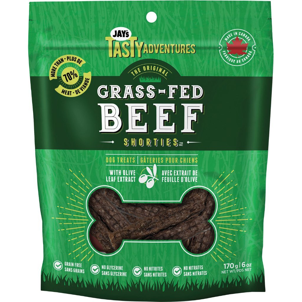 Jay's Tasty Grass Fed Beef Shorties Dog Treats | Olive Leaf Extract | No Nitrates | Made in Canada | 170g