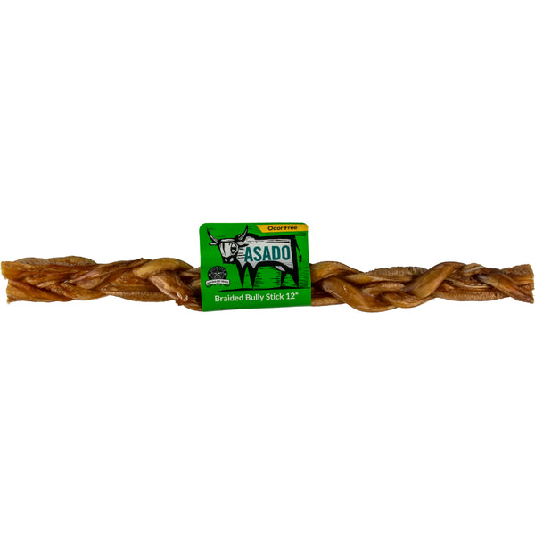 ASADO Braided Bully Stick Natural Dog Chew – 12" Triple-Braided Beef Pizzle for Power Chewers