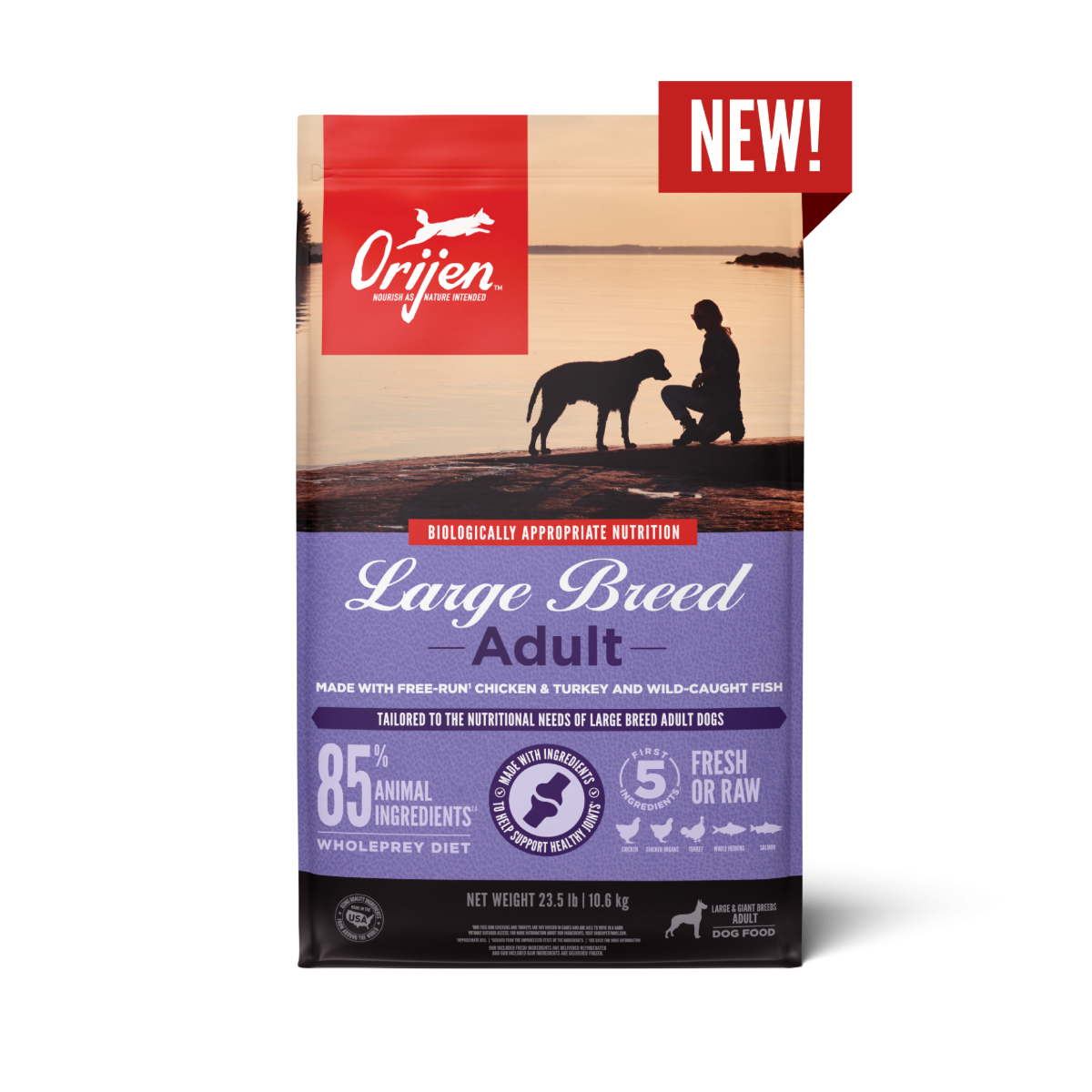 ORIJEN Large Breed Adult Dry Dog Food | 85% Animal Ingredients | Joint & Coat Support | 11.4kg