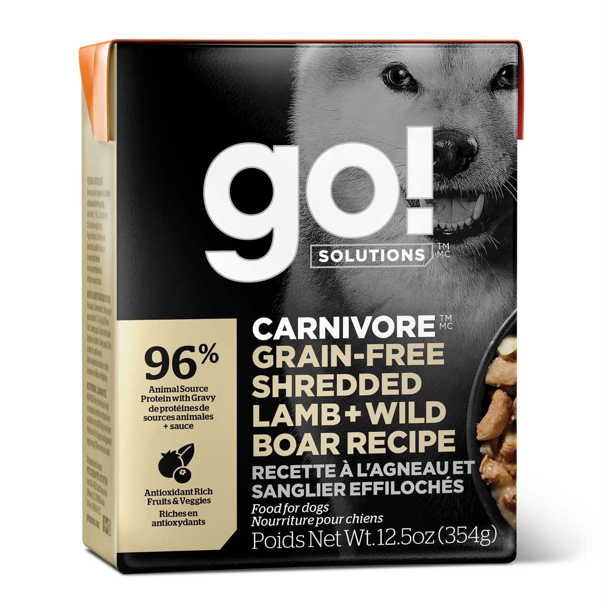Go! Solutions Carnivore Lamb + Wild Boar Grain-Free Shredded Wet Dog Food – Exotic Dual Protein, All Life Stages | Made in Ontario