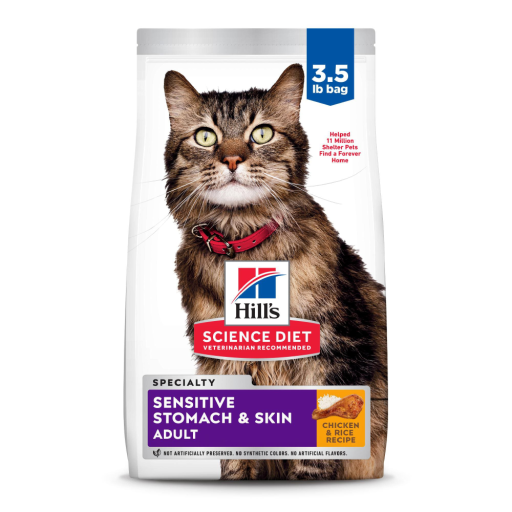 Hill's Science Diet Adult Sensitive Stomach & Skin Chicken & Rice Dry Cat Food – Prebiotic Fiber | 3.5lb & 7lb